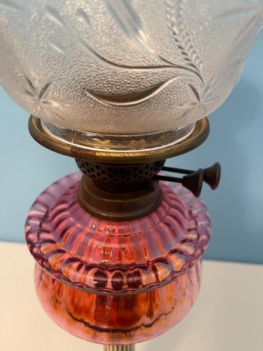 Antique Pedestal British Cranberry Glass Oil Lamp Brass Duplex Burner 28" Works - Picture 18 of 24
