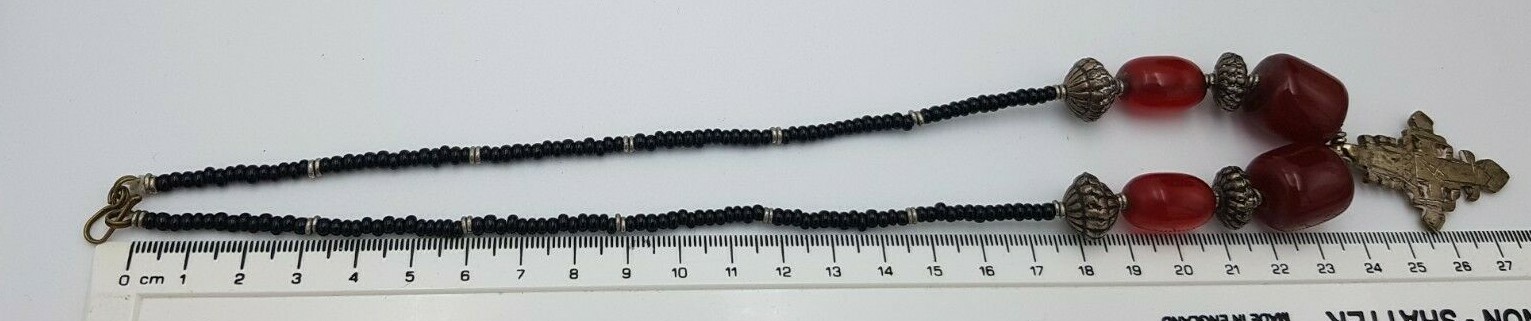 Antique Cherry Red Amber Beads & Brass Orthodox Coptic Christian Cross Necklace Kupowanie bomb