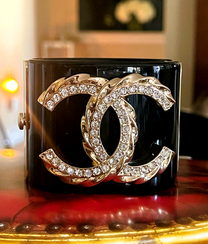 Black Resin Chanel Cuff Bracelet Gold CC With Crystals