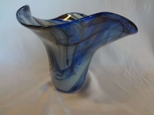 Swirling Blue Brown 7" Flared Hand Blown Art Glass Vase 1994 by Tom Boyd - Picture 10 of 12