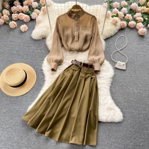 Women Office Lady Shirt Skirt Suit Ruffle Blouse Half Dress Formal Business 2PCS - Picture 2 of 18
