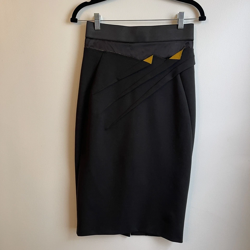 Donna Karan Collection Black Label Wool Pencil Skirt Silk Trim Yellow Size 6