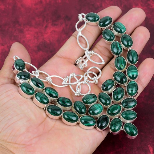 Malachite Gemstone Handmade 925 Sterling Silver Necklace & Bracelet Jewelry Set - Picture 3 of 7