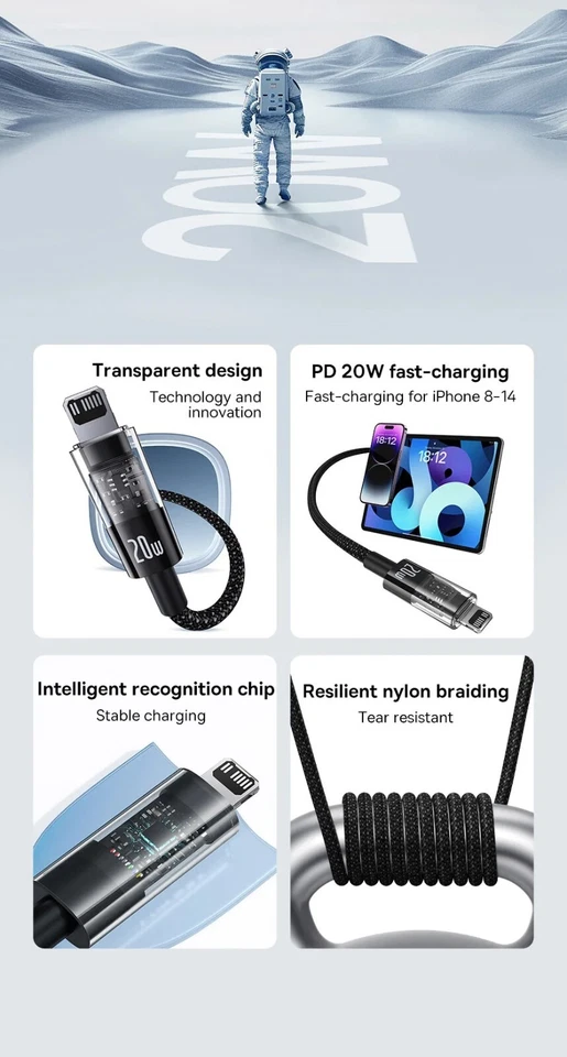 Baseus Cable For iPhone 14 13 12 Pro Max PD 20W Type C Fast Charging Wire Cord - Image 2 of 4