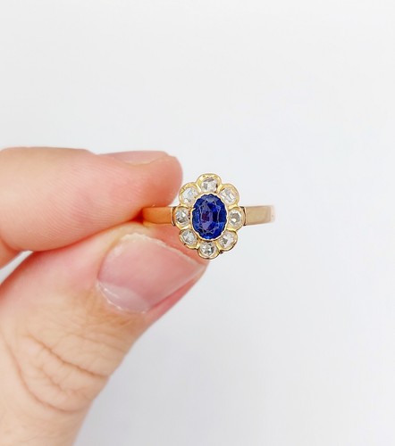 Anillo de margarita antiguo oro rosa 18k piedra azul y diamante talla rosa (1... - Imagen 9 de 10