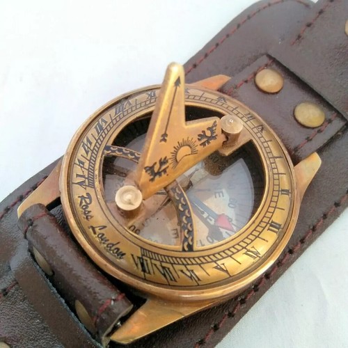 Sundial Wrist Watch Brass Compass & Leather Straps Nautical Steampunk Handmade - Picture 6 of 6