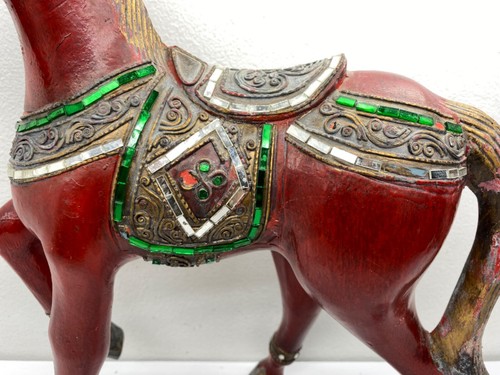 Vintage Decorated Wood Red Wedding Horse Folk Art Hand Carved 15” Thailand RARE - Picture 6 of 22