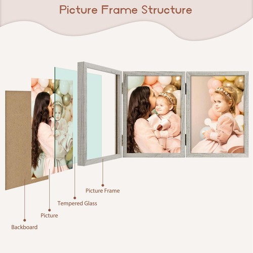 5x7 Triple Hinged Frame 3 Folding Picture Frame Whitewashed Oak Tabletop Display - Picture 7 of 8