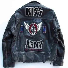 Mens KISS ARMY Motorcycle Black Distressed Leather Biker Racing Jacket