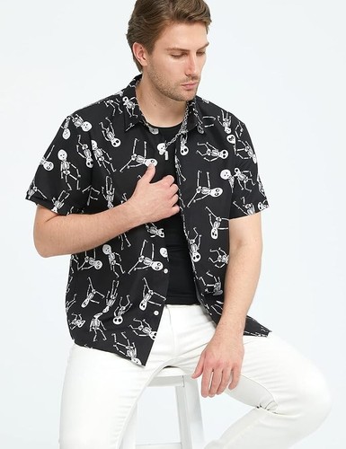 SSLR Halloween Shirt for Men Skeleton Black White Button Up Short Sleeve MEDIUM - Picture 4 of 14