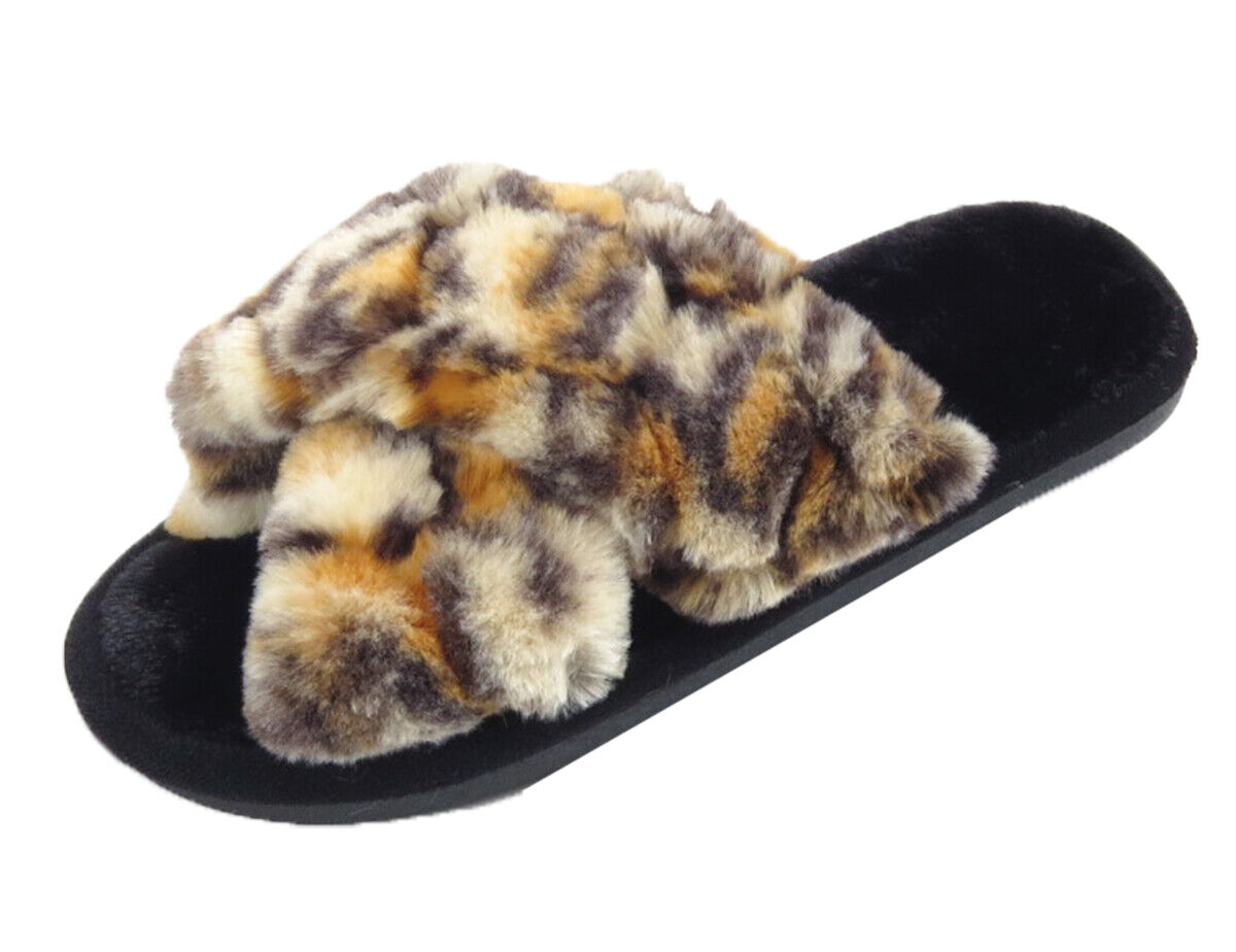 Ladies Fluffy Slippers Womens Faux Fur Open Toe Cross Over Girl Mules Shoes Size - Picture 46 of 68