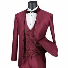 VINCI Men's Burgundy Sharkskin Banded Collar 3pc Slim Fit Tuxedo Suit NEW