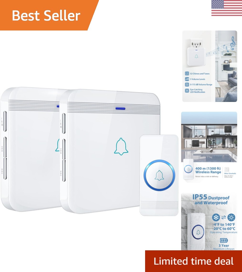 Wireless Doorbell with 1300ft Range 52 Melodies 2 Receivers 1 Button-image