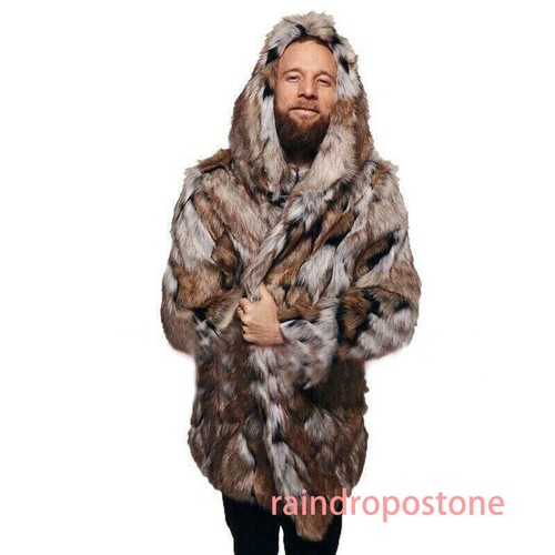 Mens Winter Faux Fur Jacket Hooded Warm Mid-long Length Coat Party Outwear - Picture 10 of 11