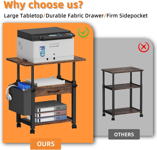 Large Printer Stand with Storage Drawer and Side Bag, 3-Tier Height Adjustable T - Picture 4 of 12