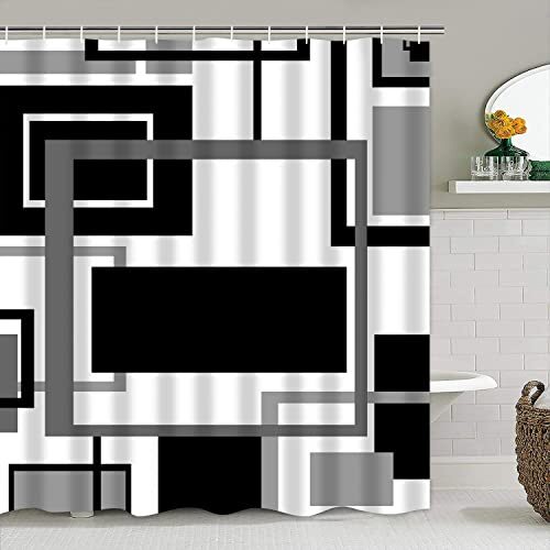 4 Pcs Black Geometric Shower Curtain Sets Non-Slip Bath Rugs, Toilet Gz-01 - Picture 3 of 8