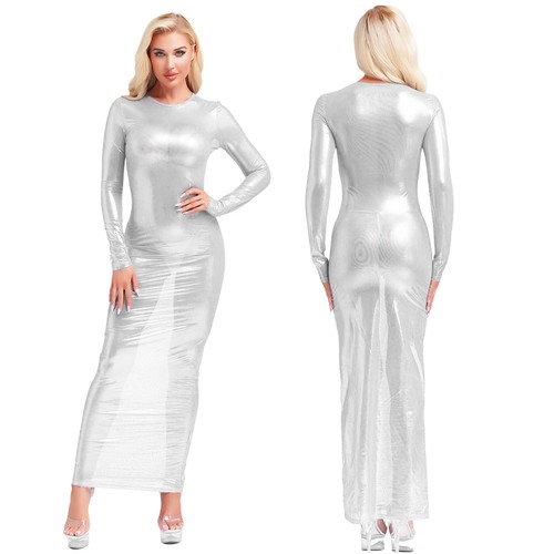 Sexy Maxi Vestido Para Mujer Transparente Manga Larga Metálico Brillante Transparente Bodycon - Imagen 4 de 47
