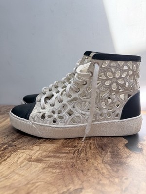 CHANEL Camellia Laser Cut Out High Top Sneakers Size 38 *NEEDS REPAIR*