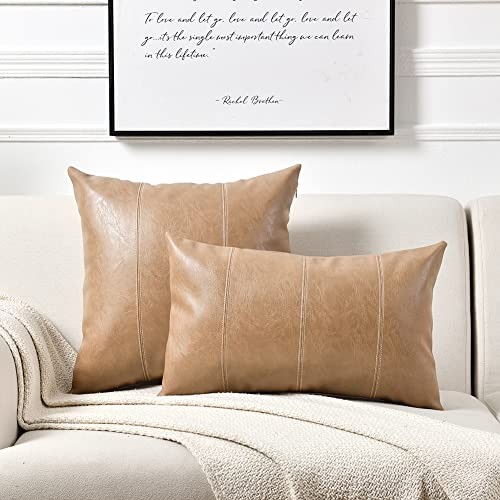 2 Packs Long Lumbar Faux Leather Decorative Throw 24" x 12" (Pack of 2) Tan - Picture 7 of 7