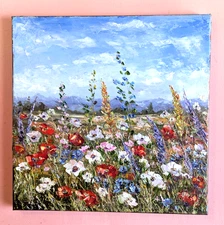 ORIGINAL Painting  OIL impasto "WildFlowers field "  12"x12" by Olga Diduh