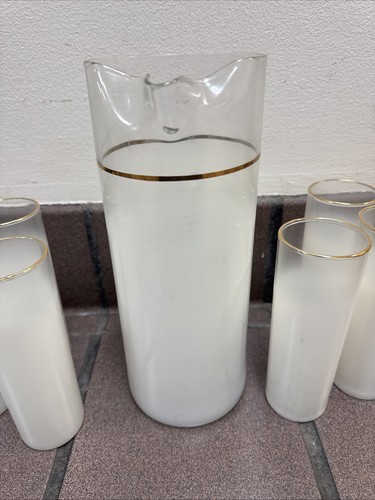 West Virginia Glass Company Blendo Matt Weißgold Krug 6 Gläser MCM - Bild 5 von 8