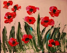 RED POPPIES    IMPRESSIONIST RED ORIGINAL OIL  PAINTING  CANADIAN FIUdFF