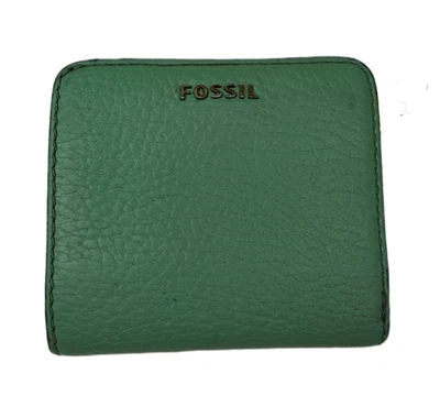 FOSSIL Green Leather Card Holder Wallet Coin Zip Pocket Compact Bifold Retro - Bild 1 von 4