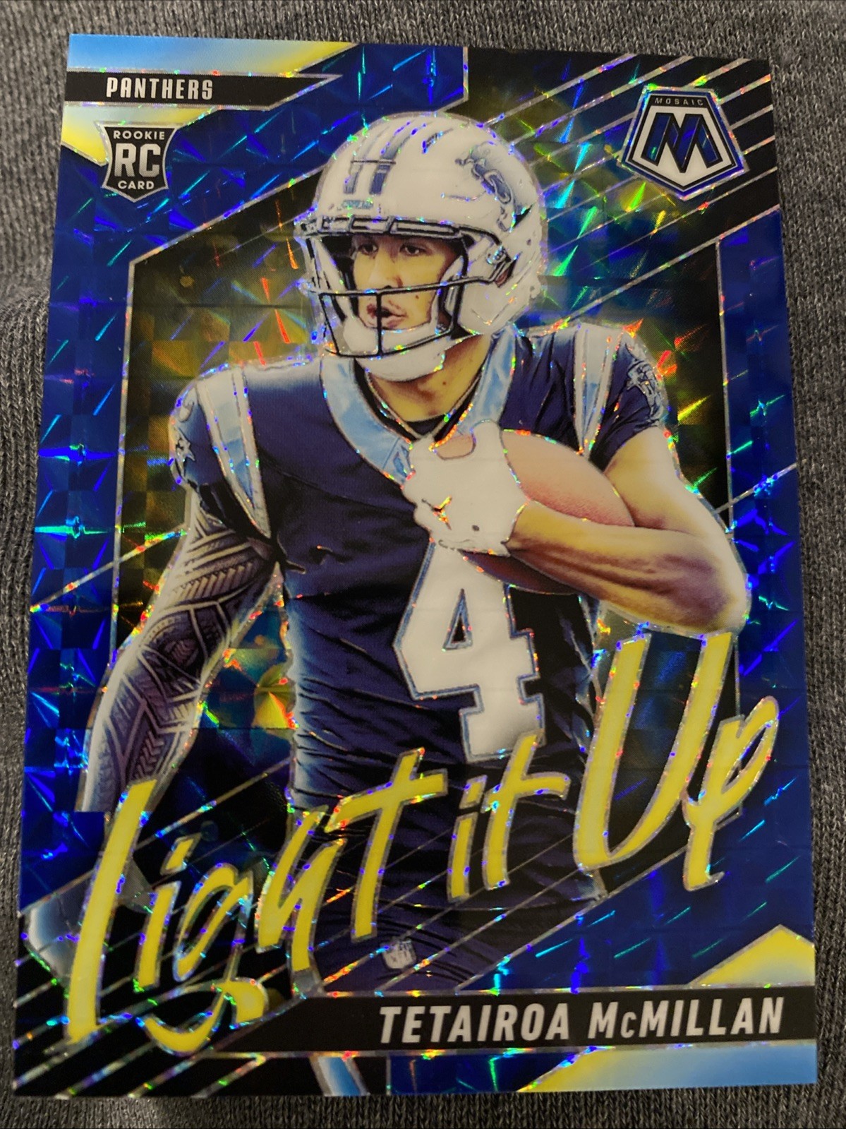 2025 Panini Mosaic Tetairoa McMillan RC Light It Up Blue Prizm /99 Panthers 🔥🏈