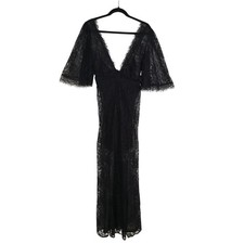 Luxxel Maxi Dress Womens Black Lace With Bell Sleeves & Deep V-Neckline Size M