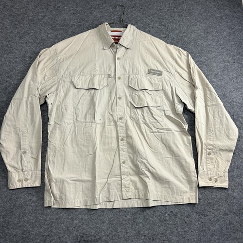 Simms Shirt Mens XL Beige Long Sleeve Fishing Vented Pockets Button Front Guide - Picture 1 of 5