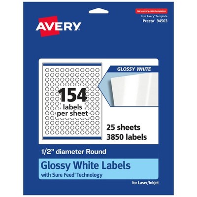 Avery Glossy White Round Labels Sure Feed Technology 1/2 Diameter 3850 Glossy