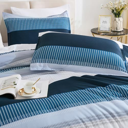 Full Size Comforter Set Navy - 7 Pieces Striped Lightweight Bed in a Bag, - Picture 5 of 7