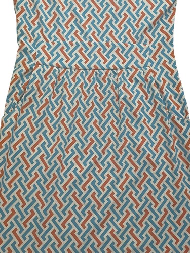 Vestido para mujer J. McLaughlin XS azul naranja geométrico línea A bolsillos elásticos escote - Imagen 8 de 9