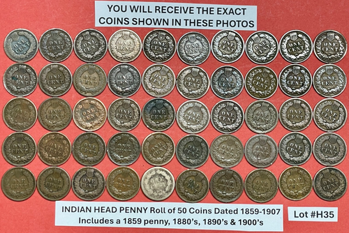 Indian Head Pennies Penny Lot Roll of 50 Coins with Full Dates 1859-1907 #H35 - Picture 5 of 6