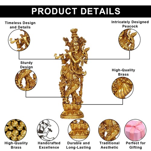 Messing Lord Krishna Idol Krishan Statue für Wohnkultur Pooja Festival Geschenk 14 Zoll - Bild 3 von 6