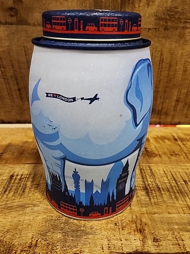 Williamson Tea England ESTAÑO (vacío) elefante azul con horizonte de Londres  - Imagen 5 de 6