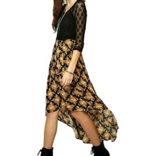 NWT FREE PEOPLE Lonesome Dove Dress Pockets Size 0 Black Crochet Floral Hi Low
