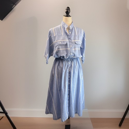 Vintage 80s Shirt Dress L Blue Striped Elastic Waist Dolman Sleeve Pockets