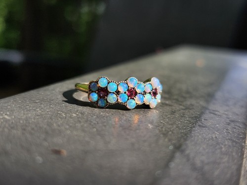 Antique Gold Flower Ring With Precious Opal And Glass