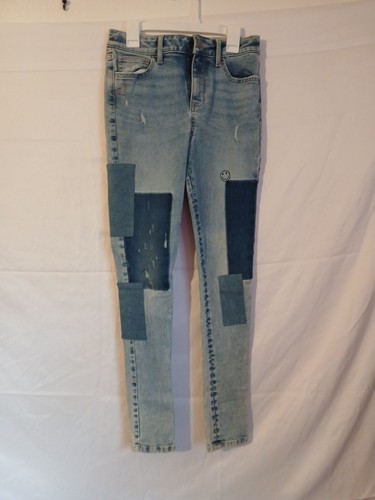 Girlfriend Patchwork So Jeans  Girls Sz 12 Hippie Boho Smiley Face Heart Graphic - Picture 1 of 8