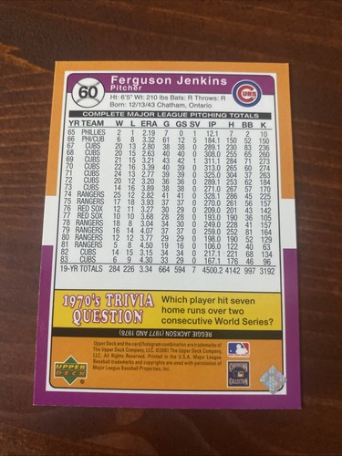 Fergie Jenkins Signed 2001 Upper Deck #60 Card. Signed In Person - Picture 2 of 2