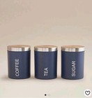 SET 3 BLUE CANISTERS JAR TEA SUGAR COFFEE ROUND KITCHEN STORAGE