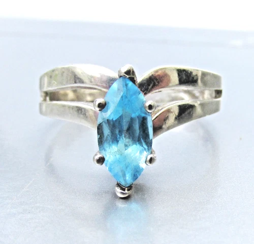 Vintage Modernist Sterling Silver Marquise Blue Topaz Split Shank Ring Sz. 9