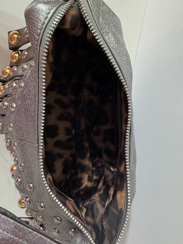 B. Makowsky Purse 100% Leather Metallic Studs Silver Gold Gray Adjustable Strap - Picture 9 of 14