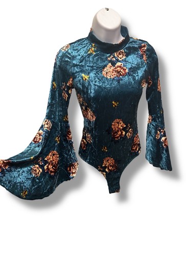 Rainbow brand Bodysuit Vintage Womens Medium Velvet Blue Floral Flare Sleeve - Picture 4 of 10