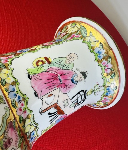 Jarrón grande medallón rosa chino de colección 16,5” marca Qianlong pintado a mano floral - Imagen 14 de 17