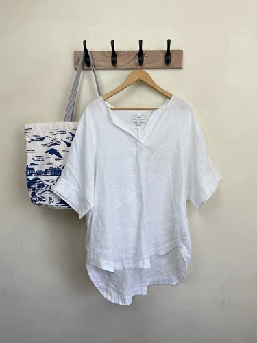 M&S Linen Top Blouse Size UK 20 White Short Sleeve Summer Relaxed Dip Hem