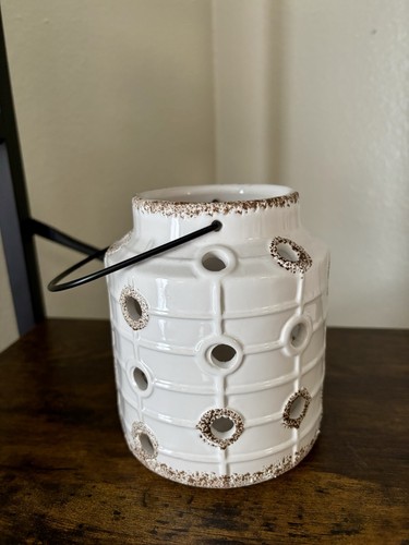 Keramik Kerzenhalter rund weiß Löcher Sand Deko Strand Haus Küste Maritim - Bild 3 von 10