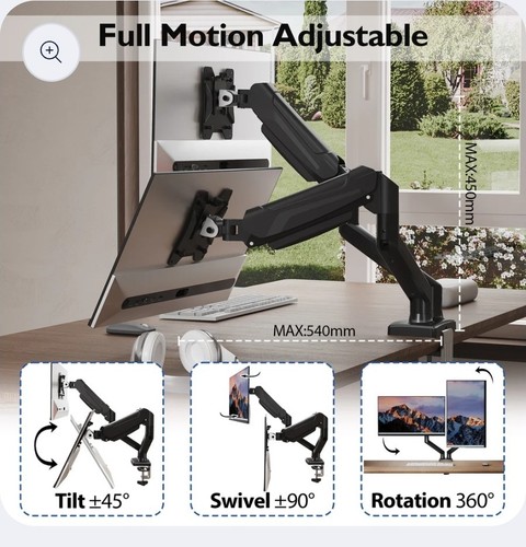 Support de Bureau Double Moniteur pour Écrans 32 Pouces, Bras Ressort à Gaz Ergonomique - Photo 3/4