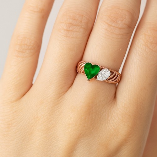 Lab Grown Emerald &Diamond Toi- Moi Ring Solid 14K Gold May Birthstone #1028 - Picture 10 of 20